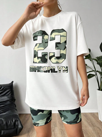 Camouflage Letter & Number Print Crop Top Tight Shorts Casual Set