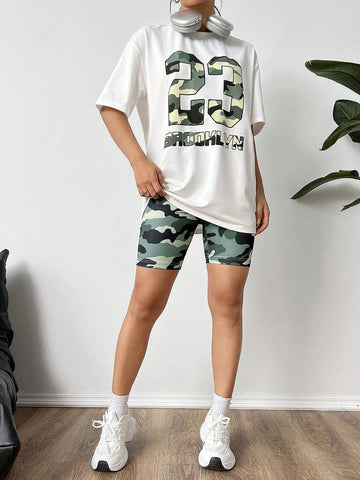 Camouflage Letter & Number Print Crop Top Tight Shorts Casual Set