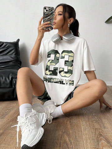 Camouflage Letter & Number Print Crop Top Tight Shorts Casual Set