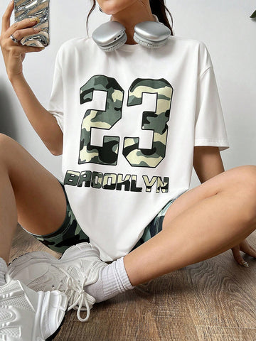 Camouflage Letter & Number Print Crop Top Tight Shorts Casual Set