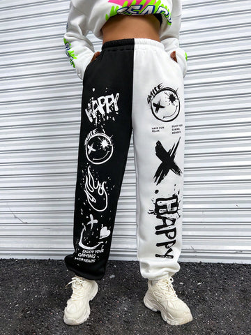 Coolane Cartoon & Letter Graphic Two Tone Sweatpants