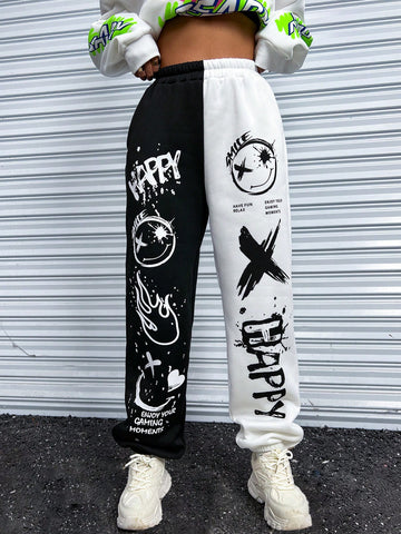 Coolane Cartoon & Letter Graphic Two Tone Sweatpants