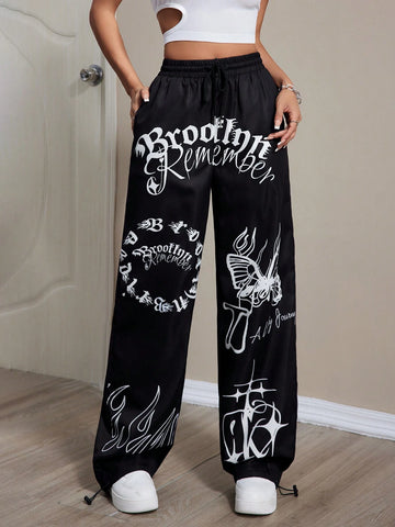 Coolane Casual Butterfly & Letter Printed Drawstring Straight Leg Pants