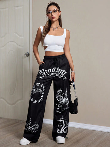Coolane Casual Butterfly & Letter Printed Drawstring Straight Leg Pants
