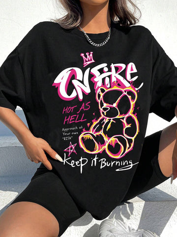 Casual Minimalist Cartoon Letter Printed Short Sleeve Round Neck Oversized Women's T-Shirt,