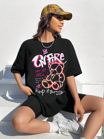 Casual Minimalist Cartoon Letter Printed Short Sleeve Round Neck Oversized Women's T-Shirt,