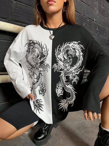 Chinese Dragon Graphic Two Tone Drop Shoulder Tee