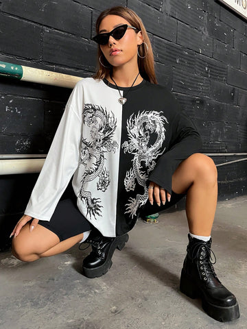 Chinese Dragon Graphic Two Tone Drop Shoulder Tee