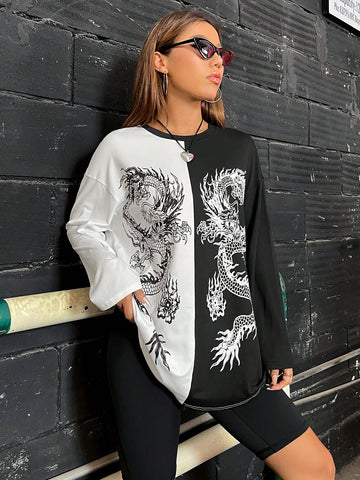 Chinese Dragon Graphic Two Tone Drop Shoulder Tee