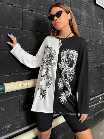 Chinese Dragon Graphic Two Tone Drop Shoulder Tee