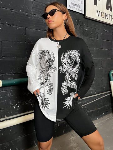 Chinese Dragon Graphic Two Tone Drop Shoulder Tee