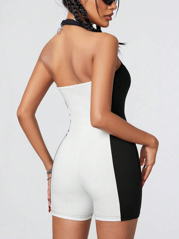 Color-Block Halter Neck Skinny Jumpsuit For Women, Suitable For Summer