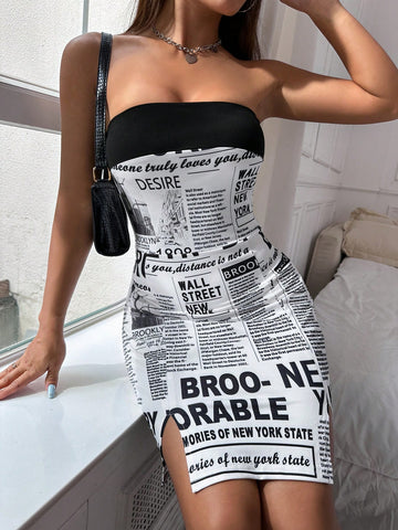 Color-Block Newspaper Print Open Front Slit Dress