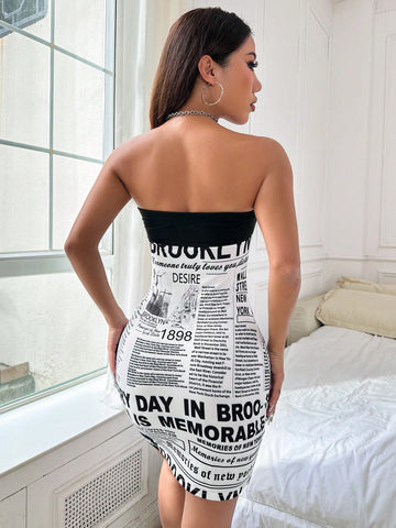 Color-Block Newspaper Print Open Front Slit Dress