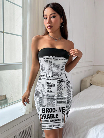 Color-Block Newspaper Print Open Front Slit Dress