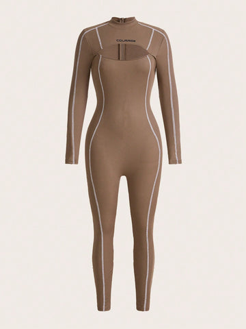 Color-contrast Stitching Detail Stretchy Jumpsuit Trousers