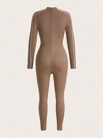 Color-contrast Stitching Detail Stretchy Jumpsuit Trousers