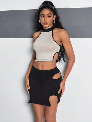 Color Block Edge Stitching Slim Shoulder Strap Vest And A-Line Skirt