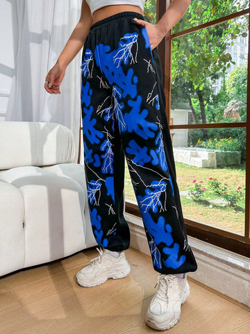 Coolane Color Block Lightning Print Patchwork Jogger Pants