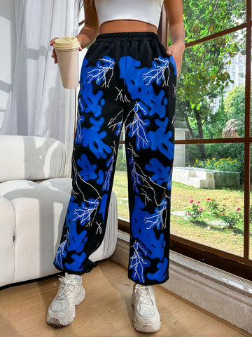 Coolane Color Block Lightning Print Patchwork Jogger Pants