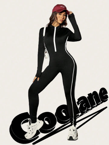 Color Blocking Zipper Half Collar Bodycon Jumpsuit With Rolled Hem