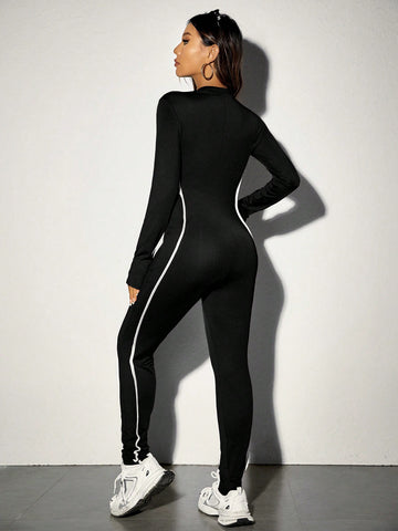 Color Blocking Zipper Half Collar Bodycon Jumpsuit With Rolled Hem
