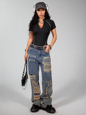 Comfortable And Soft White Motorcycle Style Jumpsuit With Contrast Stitches And Zipper Front, Casual Wear