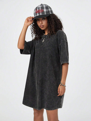 Comfortable Cotton Washed Water Stir Snowflake Craft T-Shirt Dress