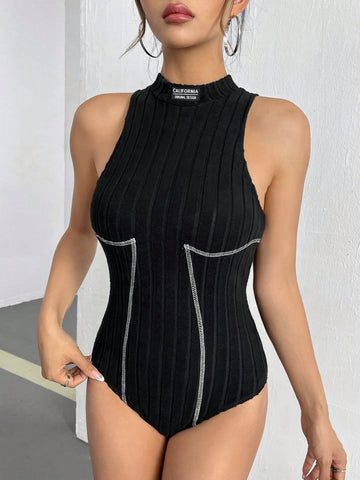 Contrast Stitching Stand Collar Sleeveless Bodysuit