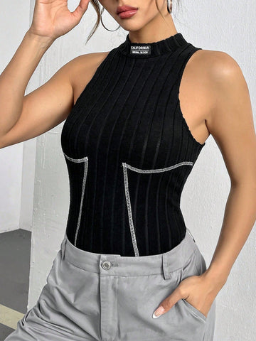 Contrast Stitching Stand Collar Sleeveless Bodysuit