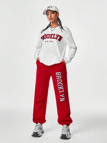 Hip-Pop Athleisure Blockcore Sport Streetwear Letter Graphic Contrast Sweatshirt & Sweatpants