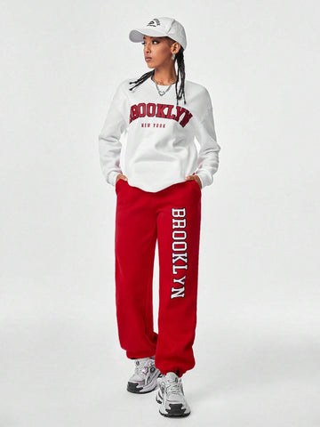 Hip-Pop Athleisure Blockcore Sport Streetwear Letter Graphic Contrast Sweatshirt & Sweatpants