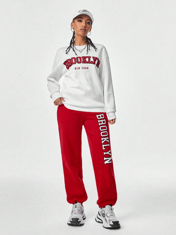 Hip-Pop Athleisure Blockcore Sport Streetwear Letter Graphic Contrast Sweatshirt & Sweatpants