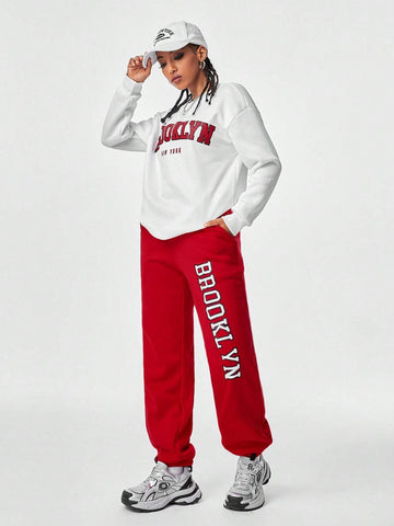 Hip-Pop Athleisure Blockcore Sport Streetwear Letter Graphic Contrast Sweatshirt & Sweatpants