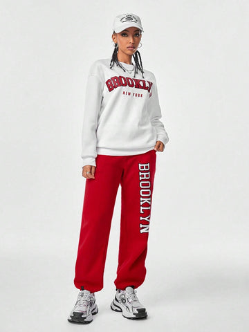 Hip-Pop Athleisure Blockcore Sport Streetwear Letter Graphic Contrast Sweatshirt & Sweatpants