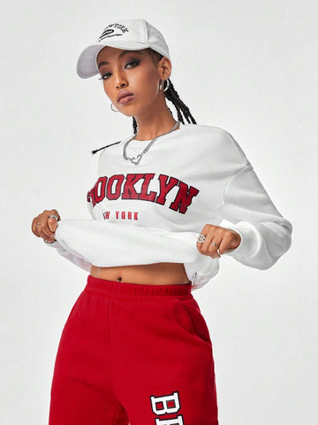 Hip-Pop Athleisure Blockcore Sport Streetwear Letter Graphic Contrast Sweatshirt & Sweatpants