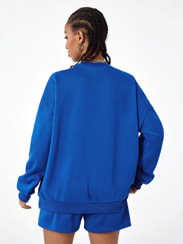 Coolane Streetwear Sportswear Athleisure Blokecore Letter Graphic Drop Shoulder Sweatshirt & Shorts