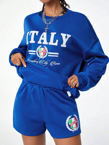 Coolane Streetwear Sportswear Athleisure Blokecore Letter Graphic Drop Shoulder Sweatshirt & Shorts