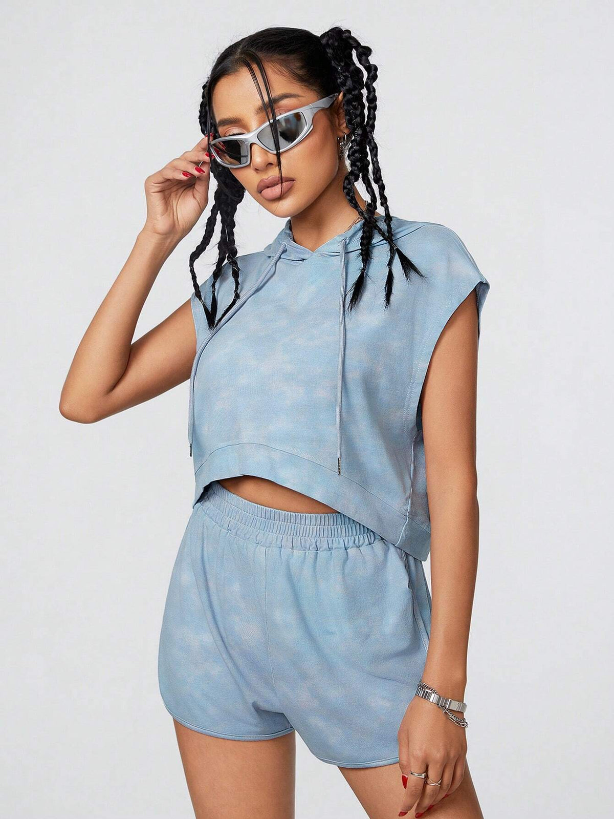 Drawstring Hooded Batwing Sleeve Top And Shorts