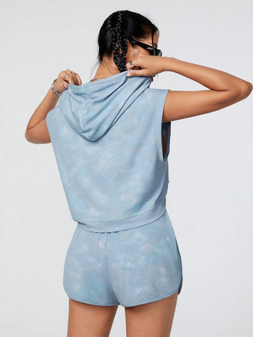 Drawstring Hooded Batwing Sleeve Top And Shorts