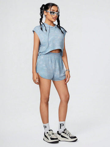 Drawstring Hooded Batwing Sleeve Top And Shorts