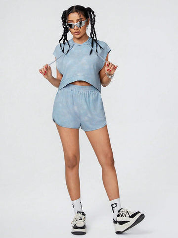 Drawstring Hooded Batwing Sleeve Top And Shorts