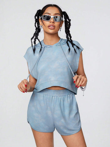 Drawstring Hooded Batwing Sleeve Top And Shorts