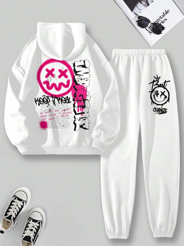 Face Slogan Print Hooded Casual Sweatshirt And Sweatpants Set