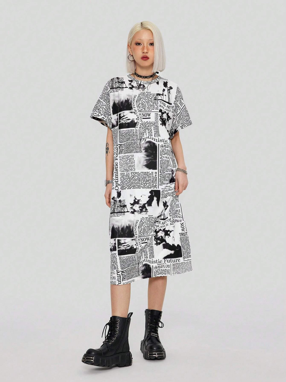 Fashionable Loose Fit Newspaper Print T-Shirt Dress