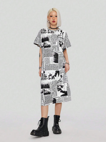 Fashionable Loose Fit Newspaper Print T-Shirt Dress