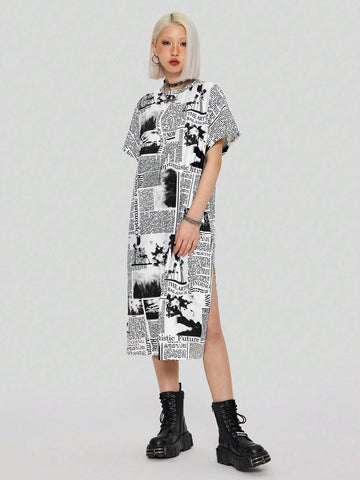Fashionable Loose Fit Newspaper Print T-Shirt Dress