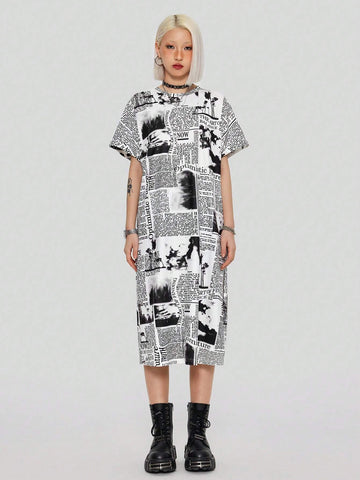 Fashionable Loose Fit Newspaper Print T-Shirt Dress