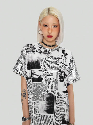 Fashionable Loose Fit Newspaper Print T-Shirt Dress