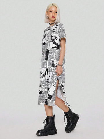 Fashionable Loose Fit Newspaper Print T-Shirt Dress